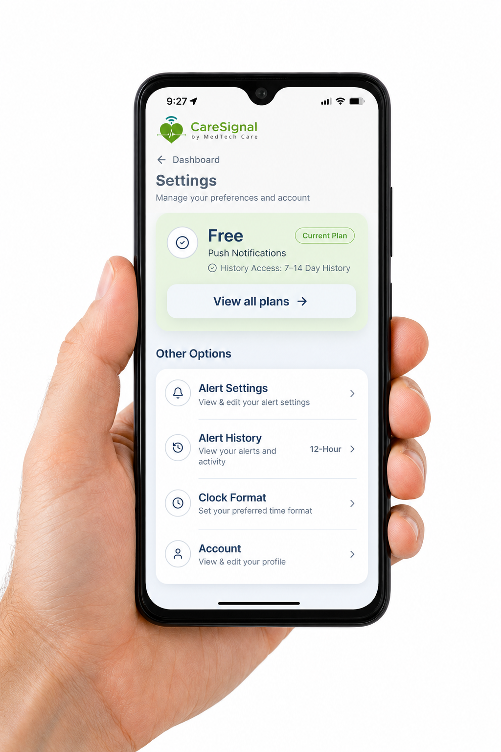 CareSignal settings screen with View all plans button