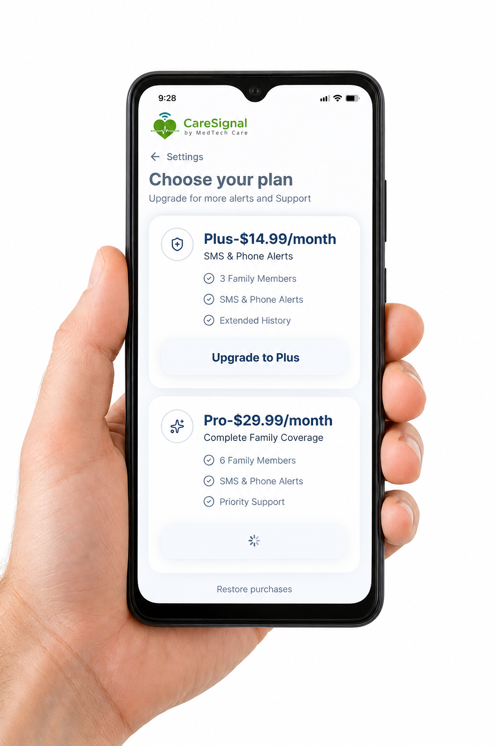 CareSignal plan selection screen showing Plus and Pro subscription options