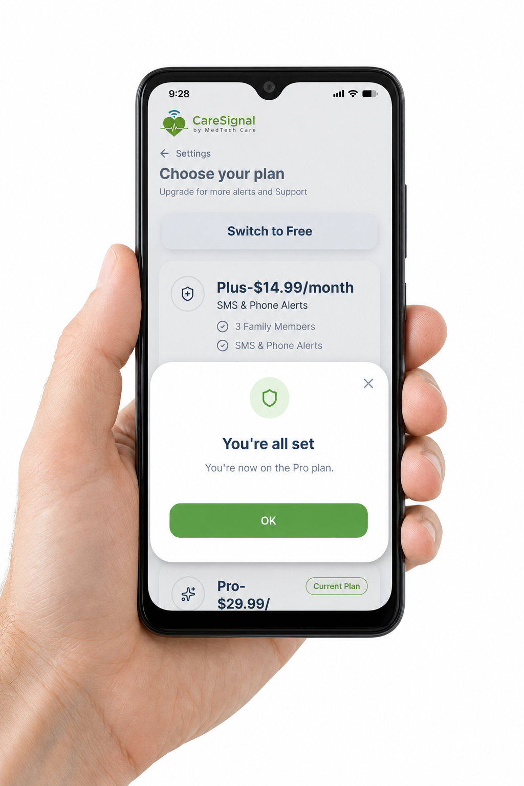 CareSignal plan purchase confirmation modal showing You're all set