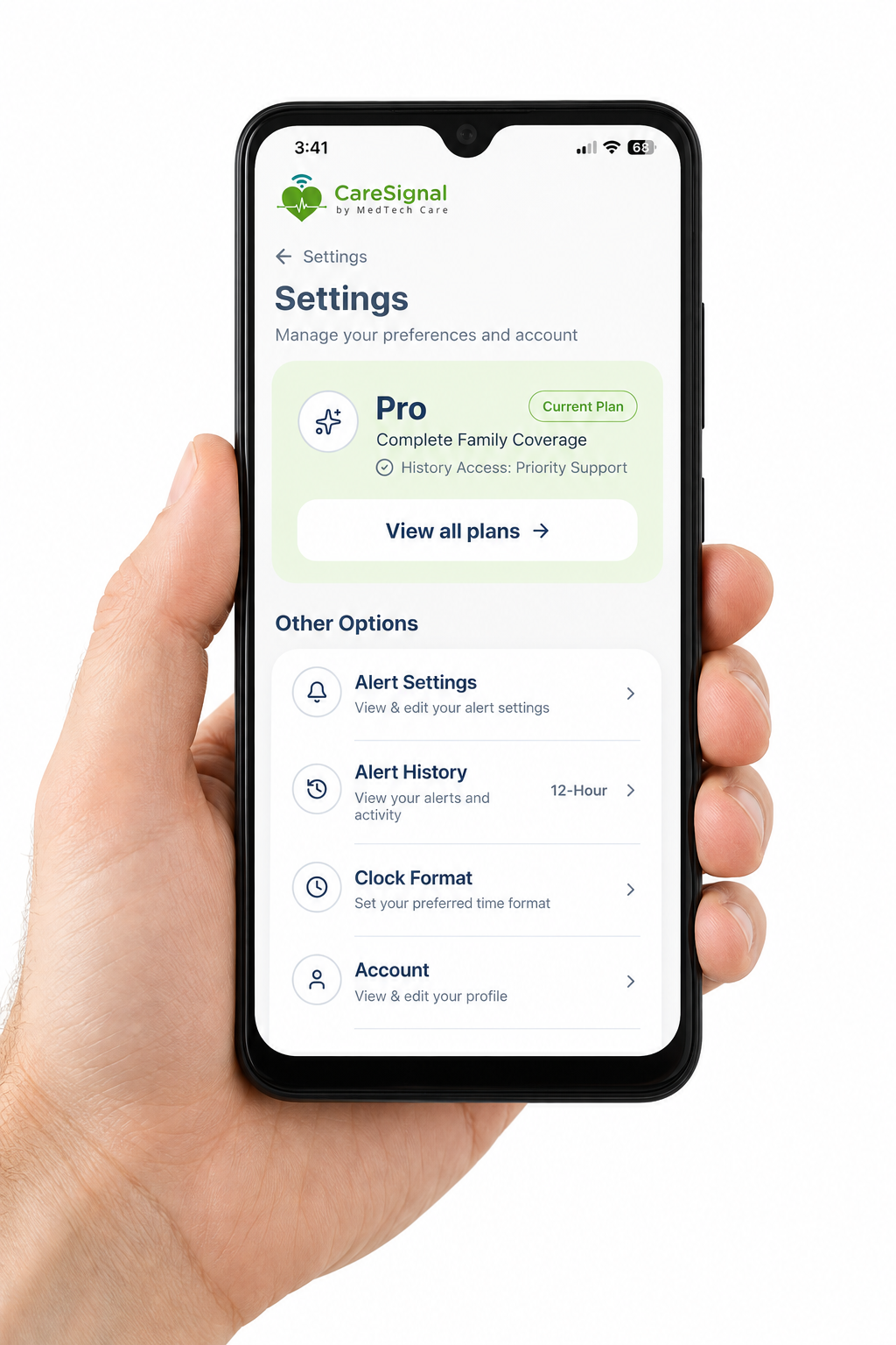 CareSignal settings screen with Alert Settings option