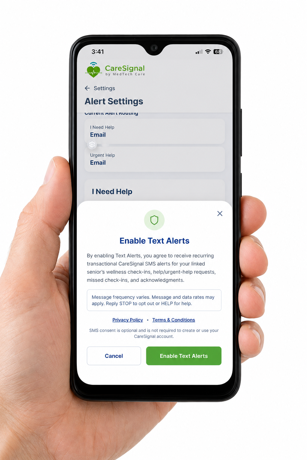 CareSignal Enable Text Alerts consent screen with SMS disclosure and Privacy Policy links