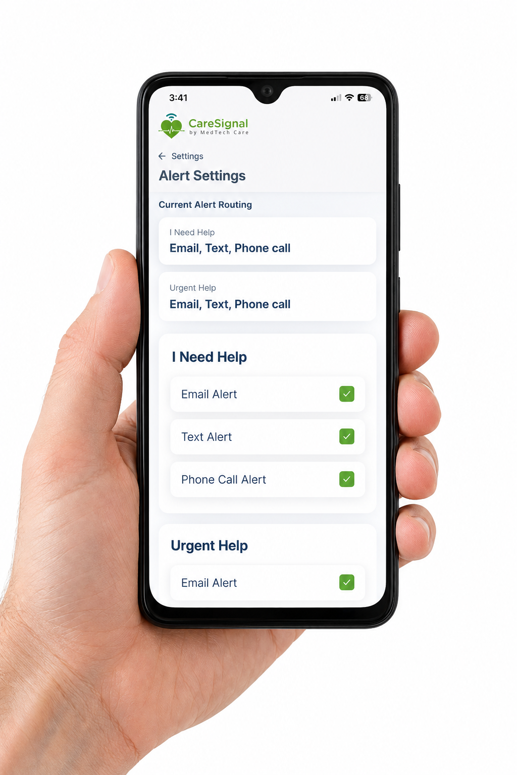 CareSignal alert settings showing Text Alert options for I Need Help and Urgent Help