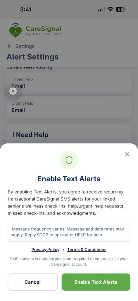 CareSignal mobile app Enable Text Alerts consent screen showing SMS disclosure, Privacy Policy and Terms links, Cancel, and Enable Text Alerts buttons